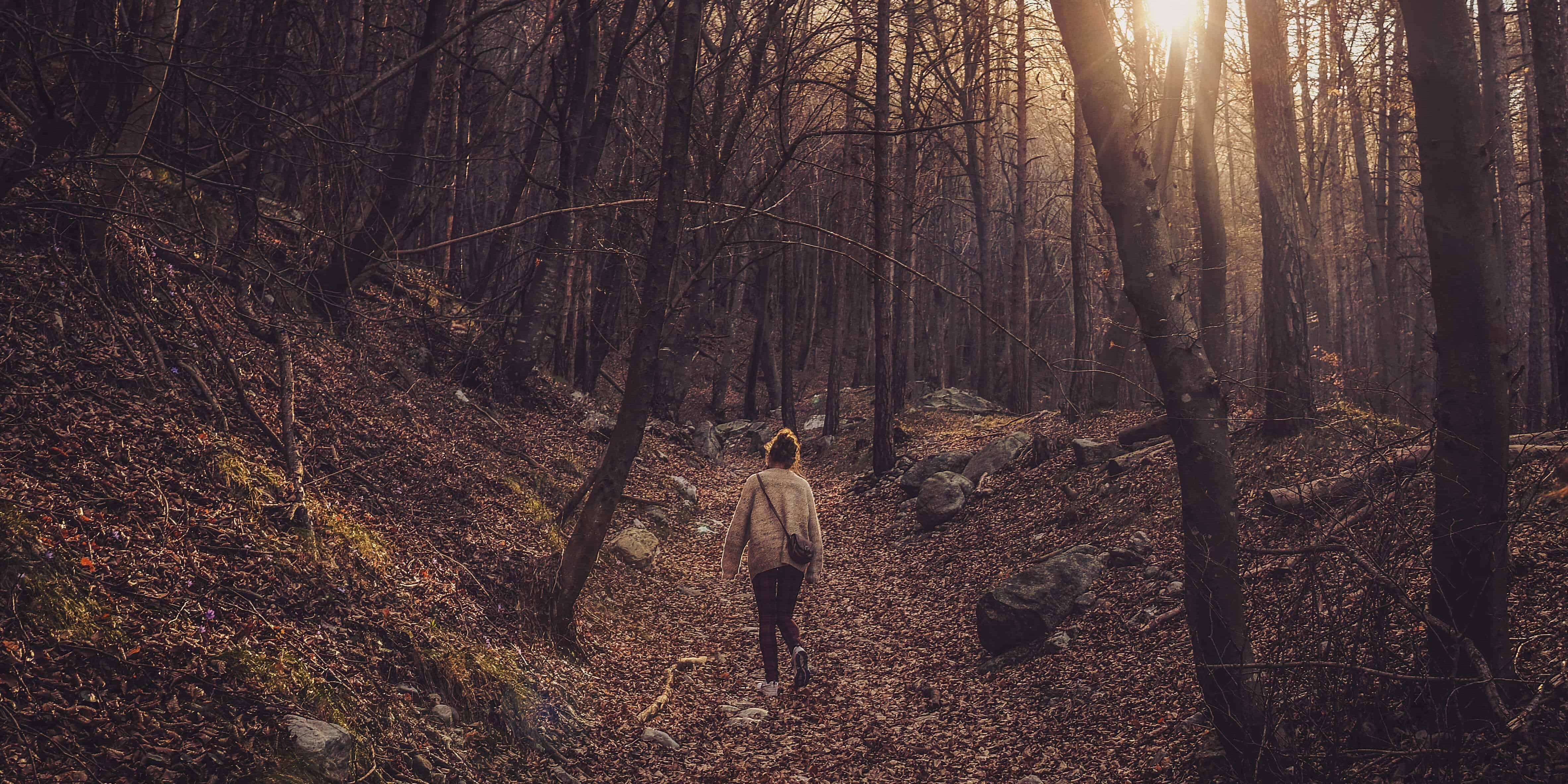 A woman walking through a forest in the afternoon